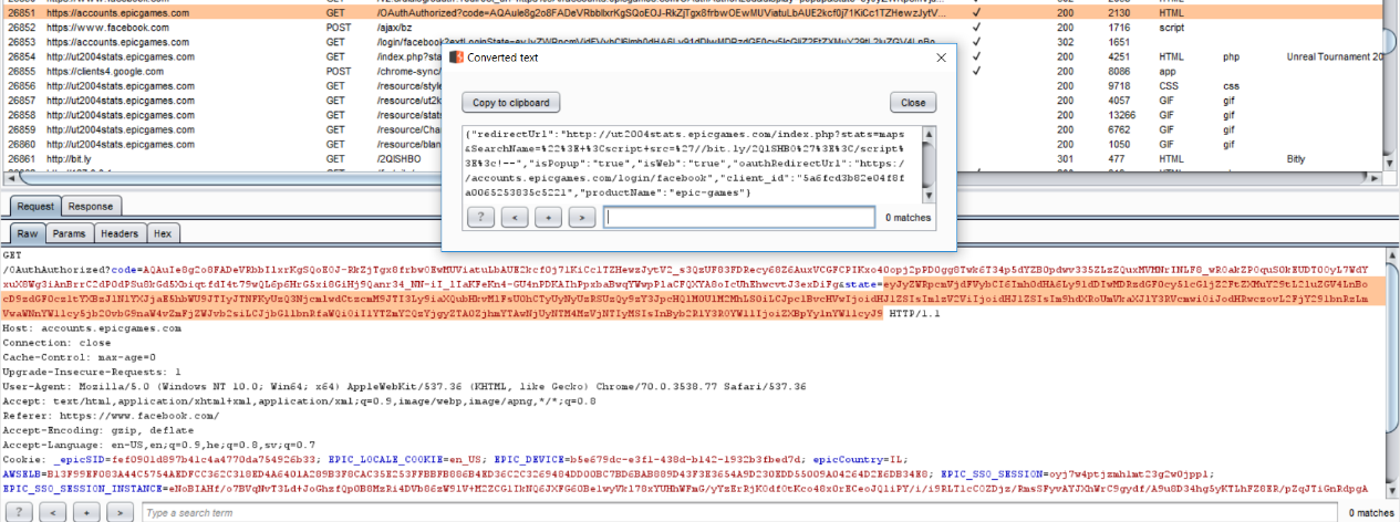 Hacking Fortnite Accounts Check Point Research - figure 8 epic games request to their server along with the attacker s crafted state parameters received from the sso