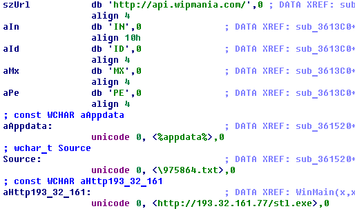 Region codes and URL for downloading malicious payload used by the loader