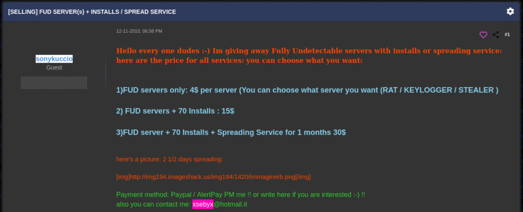 Malicious services advertised by sonykuccio