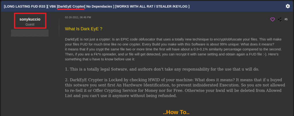 DarkEyE advertisement on a hacker forum