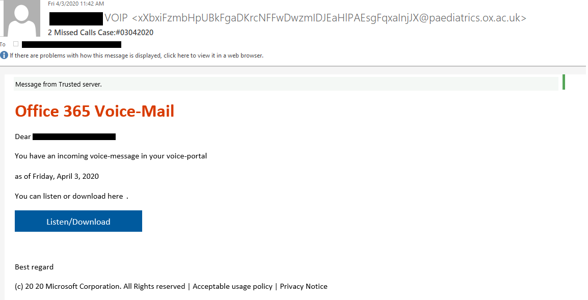 Office 354 Voice-Mail Phishing Email