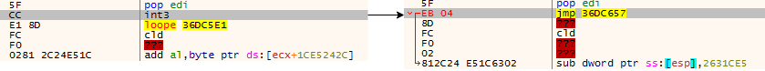 Figure 11 – Replacement of the int3 instruction with the jmp instruction.