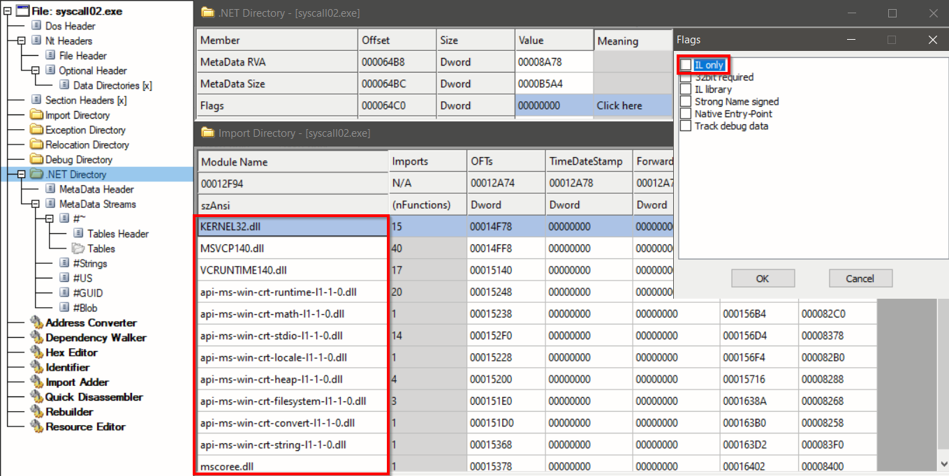 Figure 9 - Inspection of unique .NET elements - “IL Only” flag not check and imported native libraries