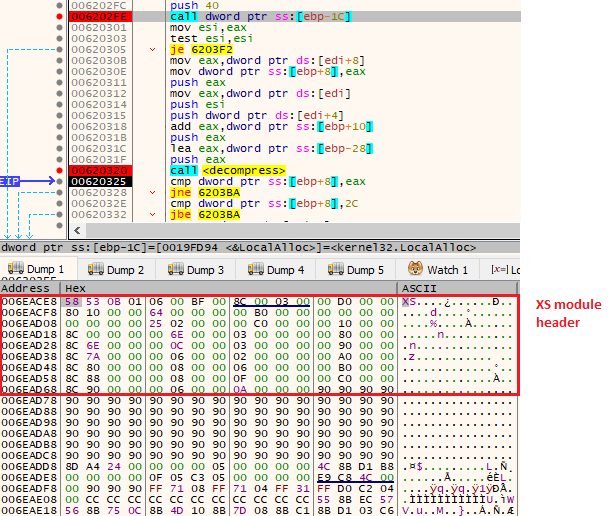 Figure 26: The decompression function within the shellcode reveals
the module in the XS format