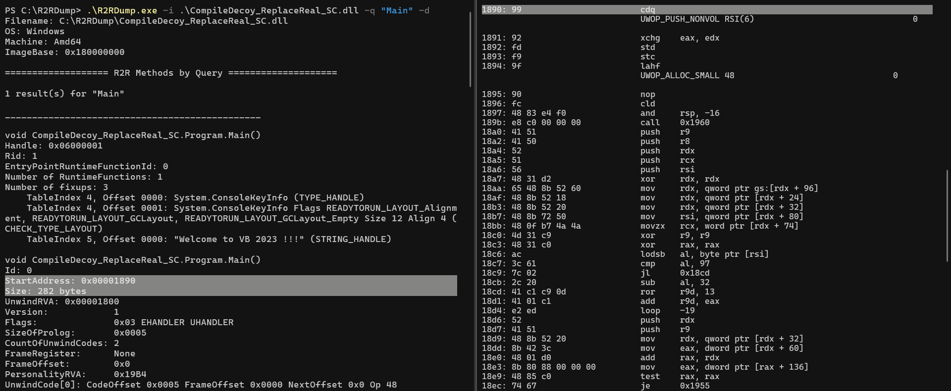 Figure 26: Using the R2RDump to show the disassembly of the method
“Main”