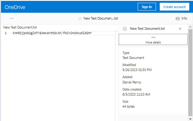 Figure 6 - Metadata of OneDrive file containing the encrypted C2
server.