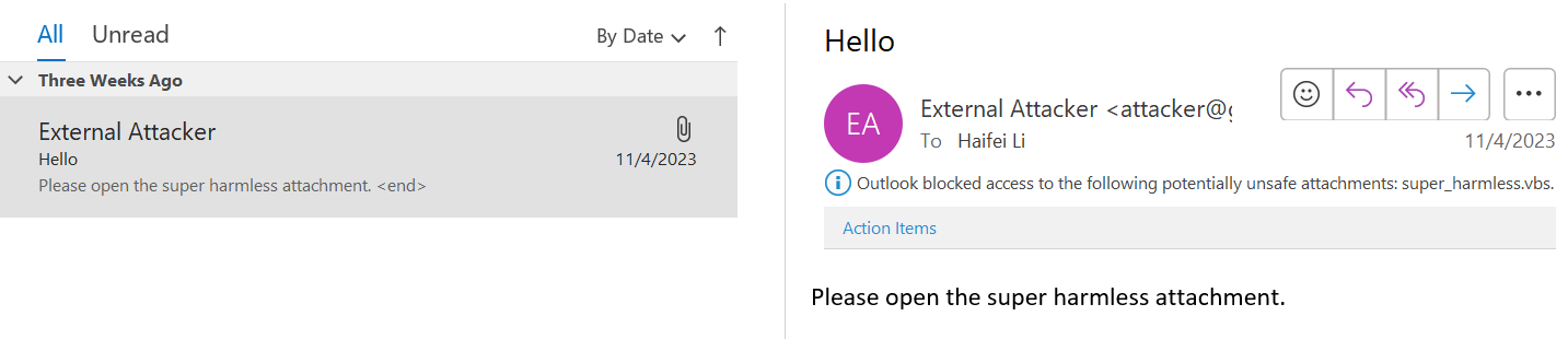 Figure 2 - unsafe attachments are disabled on Outlook