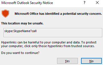 Figure 1 - Outlook promotes a warning when the user clicks on a
third-party URL protocol Hyperlink