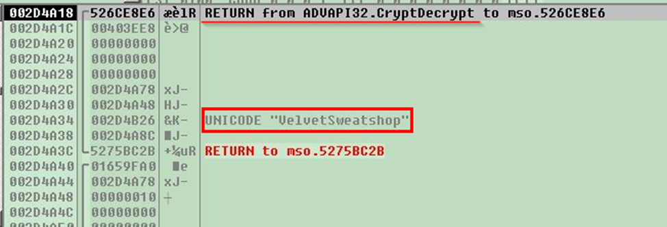 Figure 20 – ”VelvetSweatshop” password is seen inside the
debugger