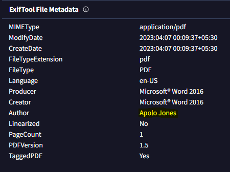 Figure 10 -ElizaRAT lure PDF Metadata.