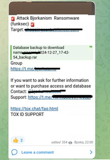 Figure 12 - Bjorkanism ​linked‍ to FunkSec ransomware.