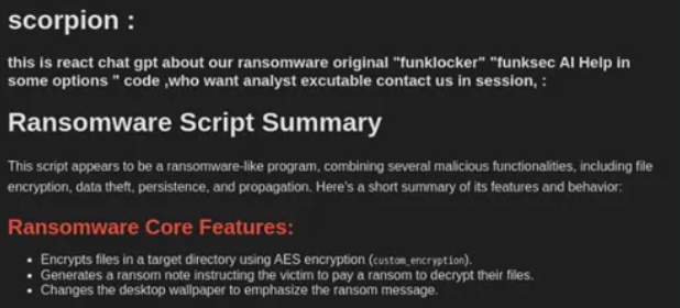 Figure 15 - FunkSec claims of AI interpretation of their Ransomware
code.