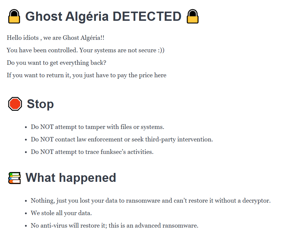 Ransomware notes ⁣used by FunkLocker and Ghost Algeria.