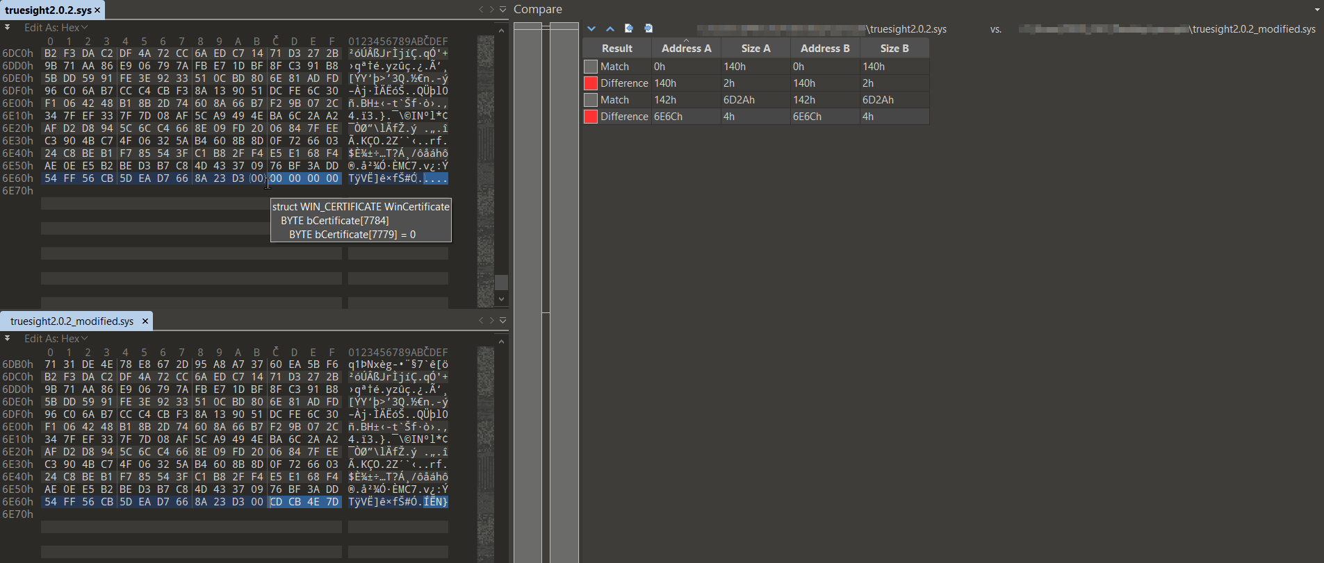 Figure 20: Comparison of the legacy Truesight driver - Original
vs. Modified (WIN_CERTIFICATE padding).
