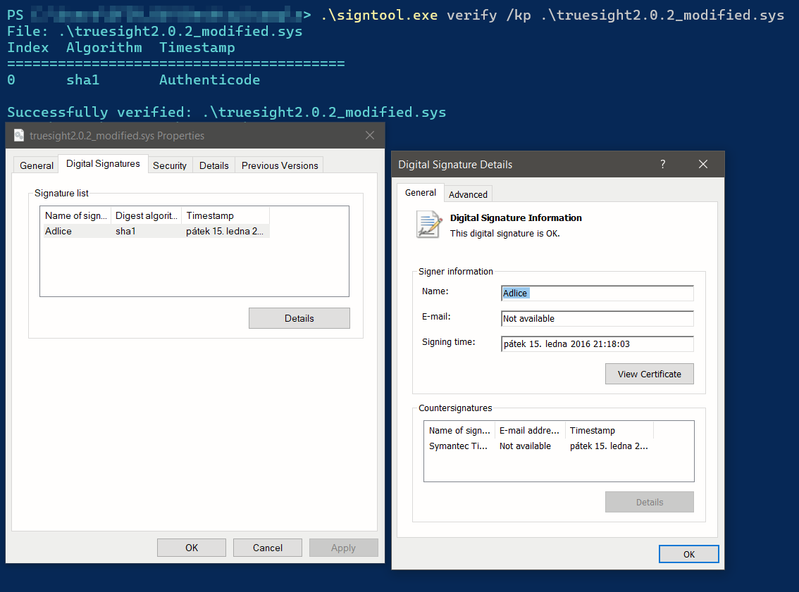 Figure 21: Modified variant of the legacy Truesight driver - valid
signed.