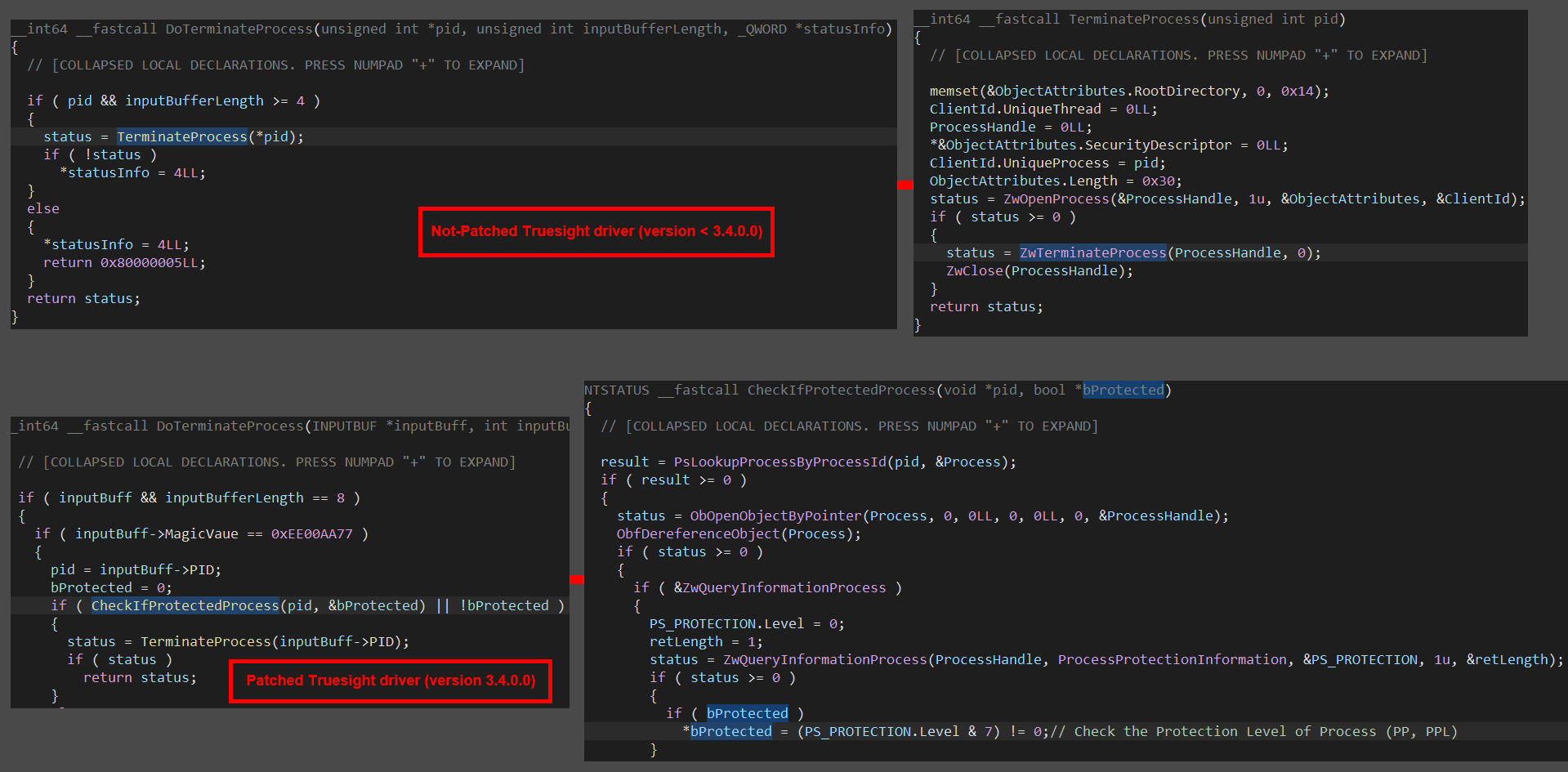 Figure 22: Comparison of the vulnerable Truesight driver (2.0.2) and
the patched (3.4.0).