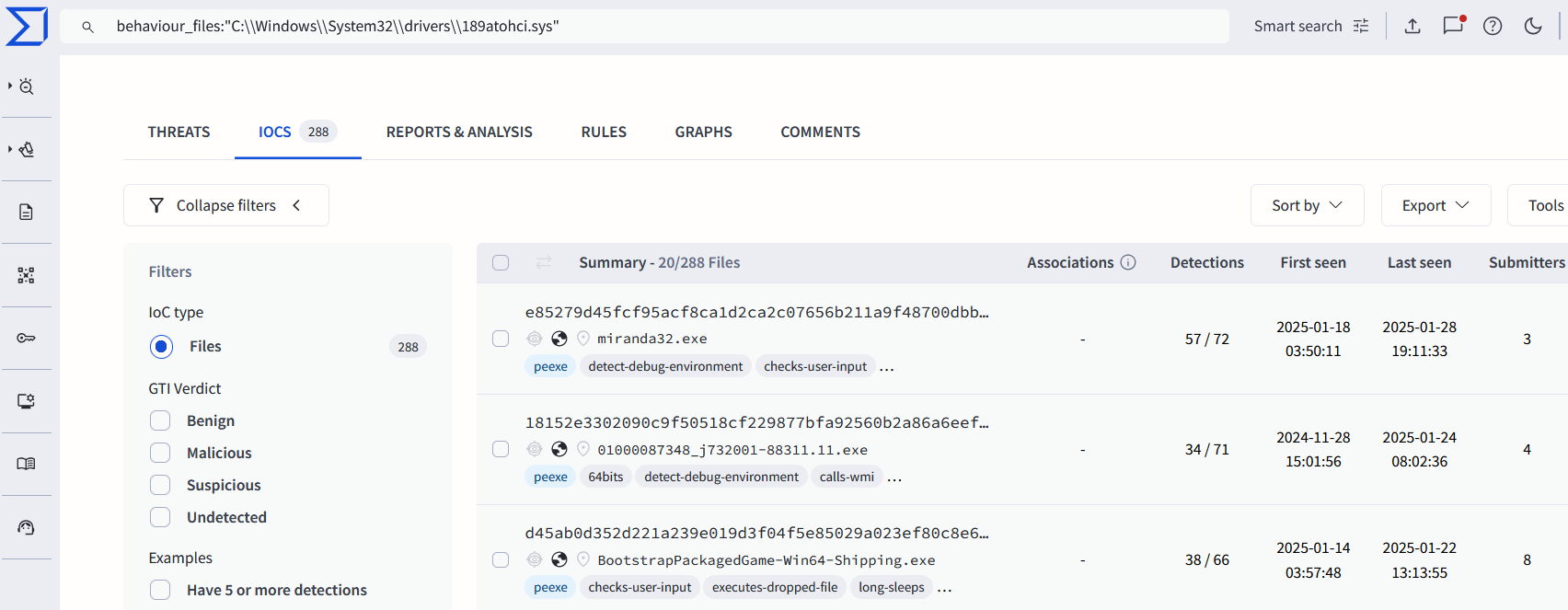 Figure 2: VT search - specific system path used by some of the
detected samples to drop the Truesight driver.