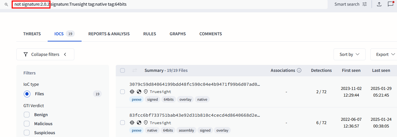 Figure 5: VT search - detecting all Truesight driver versions,
excluding the legacy version 2.0.2.