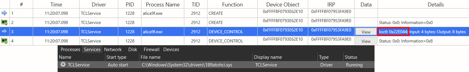 Figure 13: Captured communication between the EDR/AV killer module
and the Truesight driver.