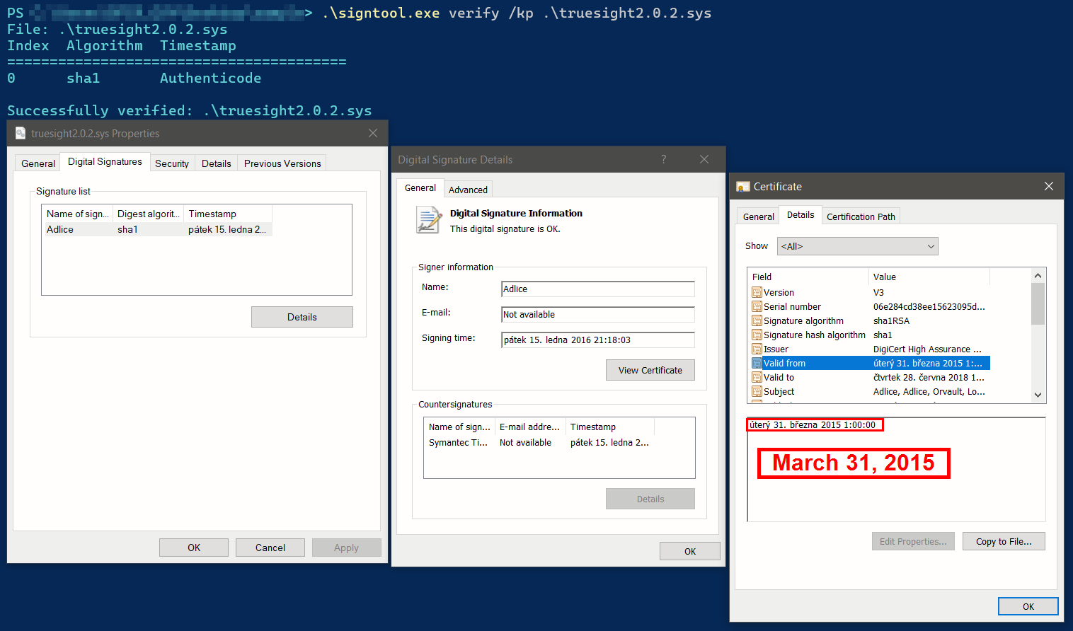 Figure 16: The legacy Truesight driver, version 2.0.2 - driver
signing policy exception.