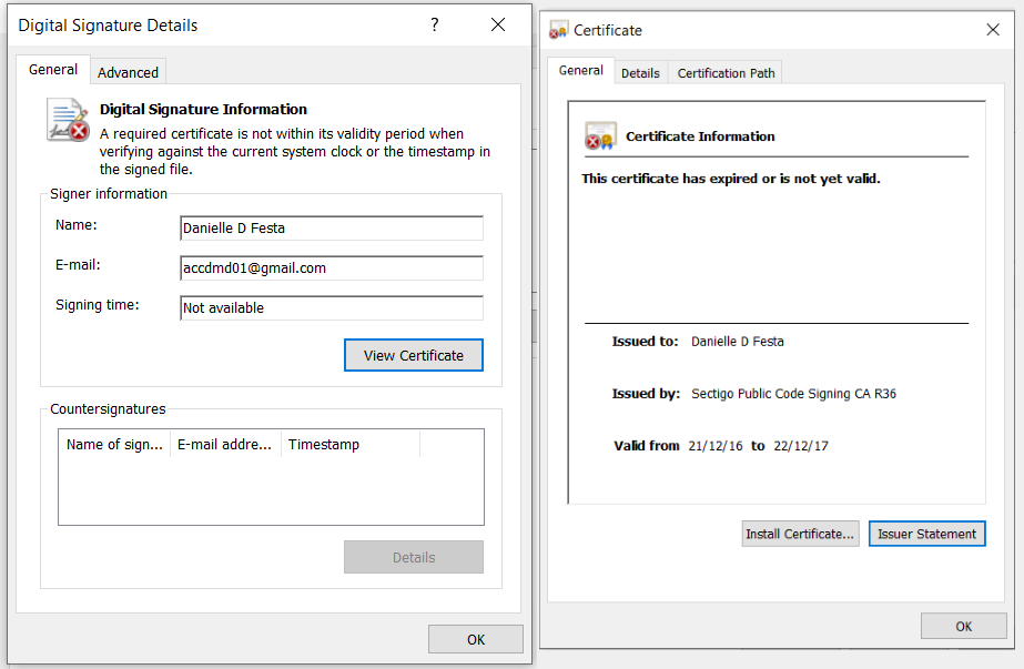 Figure 3 - Digital certificate of the Horus loader.