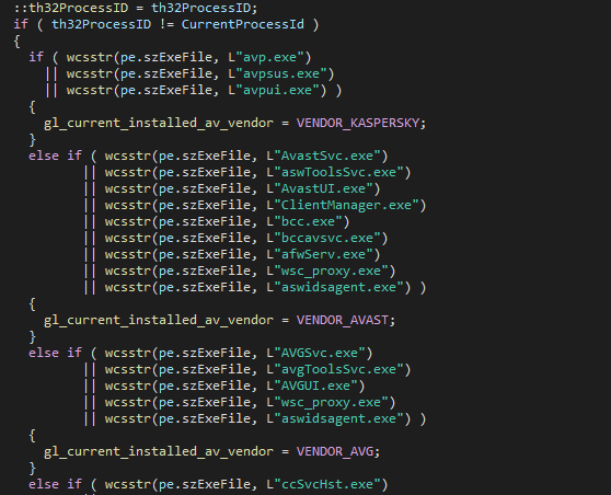 Figure 6 - A part of code enumerating processes in search of security
solutions.