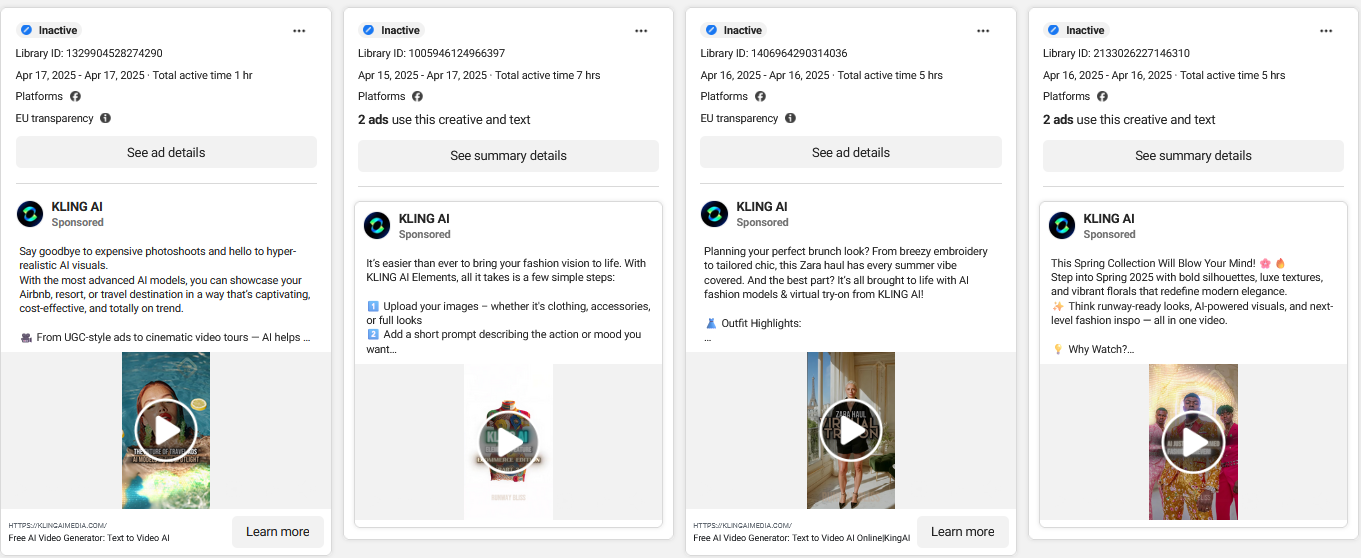 Figure 2 - Fake Facebook ads impersonating Kling AI.