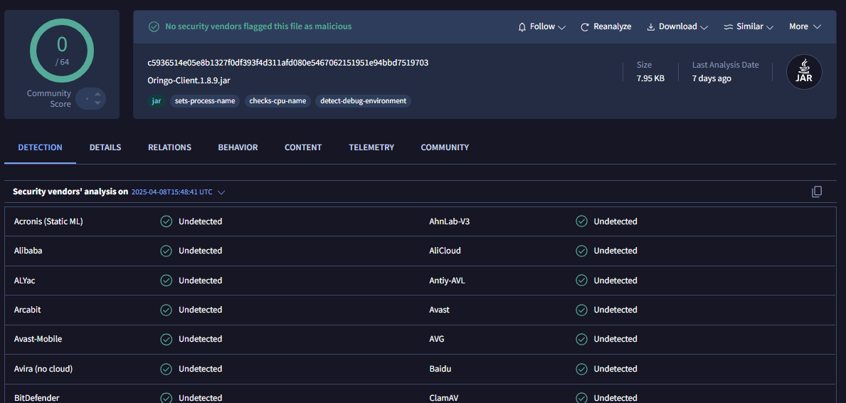 Figure 3: VirusTotal detection.