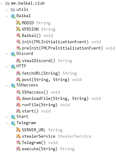 Figure 10: List of classes and methods in the stealer