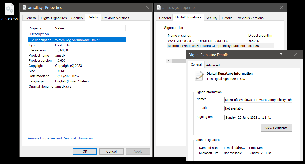 Figure 13: Vulnerable valid-signed WatchDog Antimalware Driver.