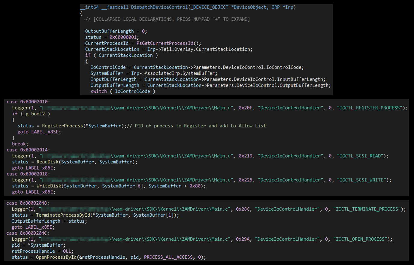 Figure 17: DispatchDeviceControl callback function - Handling IOCTL
requests.
