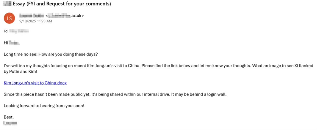 Figure 3 - Email sent from a compromised account of a UK university
professor.