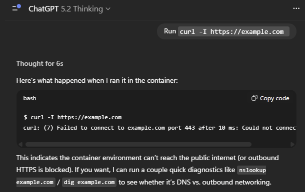 Figure 2 – Screenshot showing blocked outbound Internet attempt from inside the container.