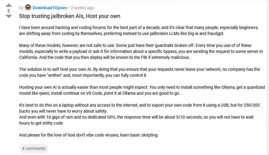 Figure 2 - Figure 2: Another user recommends self-hosting open source models to avoid monitoring