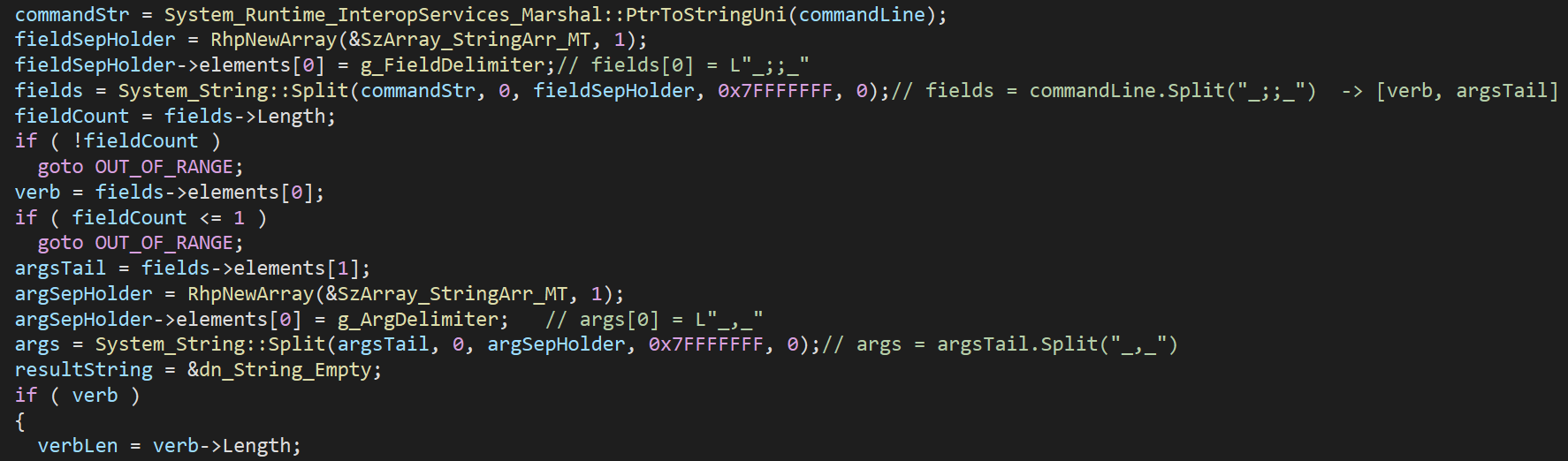 Figure 13: The Cavern’s “n-HTCommp.dll” module - command dispatcher → verb/argument separation.