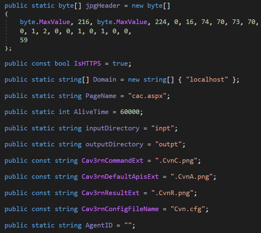 Figure 17: The Cavern’s “mhm.dll” module - older variant → legacy “Cav3rn” configuration.