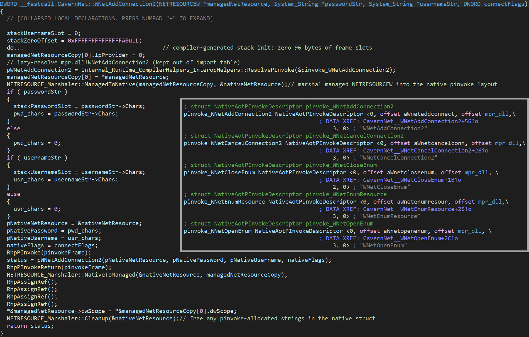 Figure 20: The Cavern’s “n-ten.dll” module - “NetUseBrute” function → “WNetAddConnection2”.