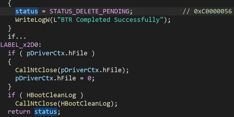 Figure 10: “BTR.sys” successful execution → STATUS_DELETE_PENDING.