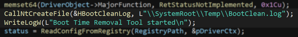 Figure 11: “BTR.sys” DriverEntry - “BootClean.log” file creation.