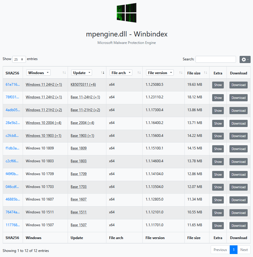 Figure 12: Winbindex search - “MpEngine.dll”.